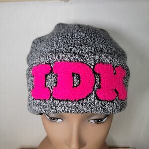 Unisex Grey Beanie w/ Pink Letters "IDK" - One Size